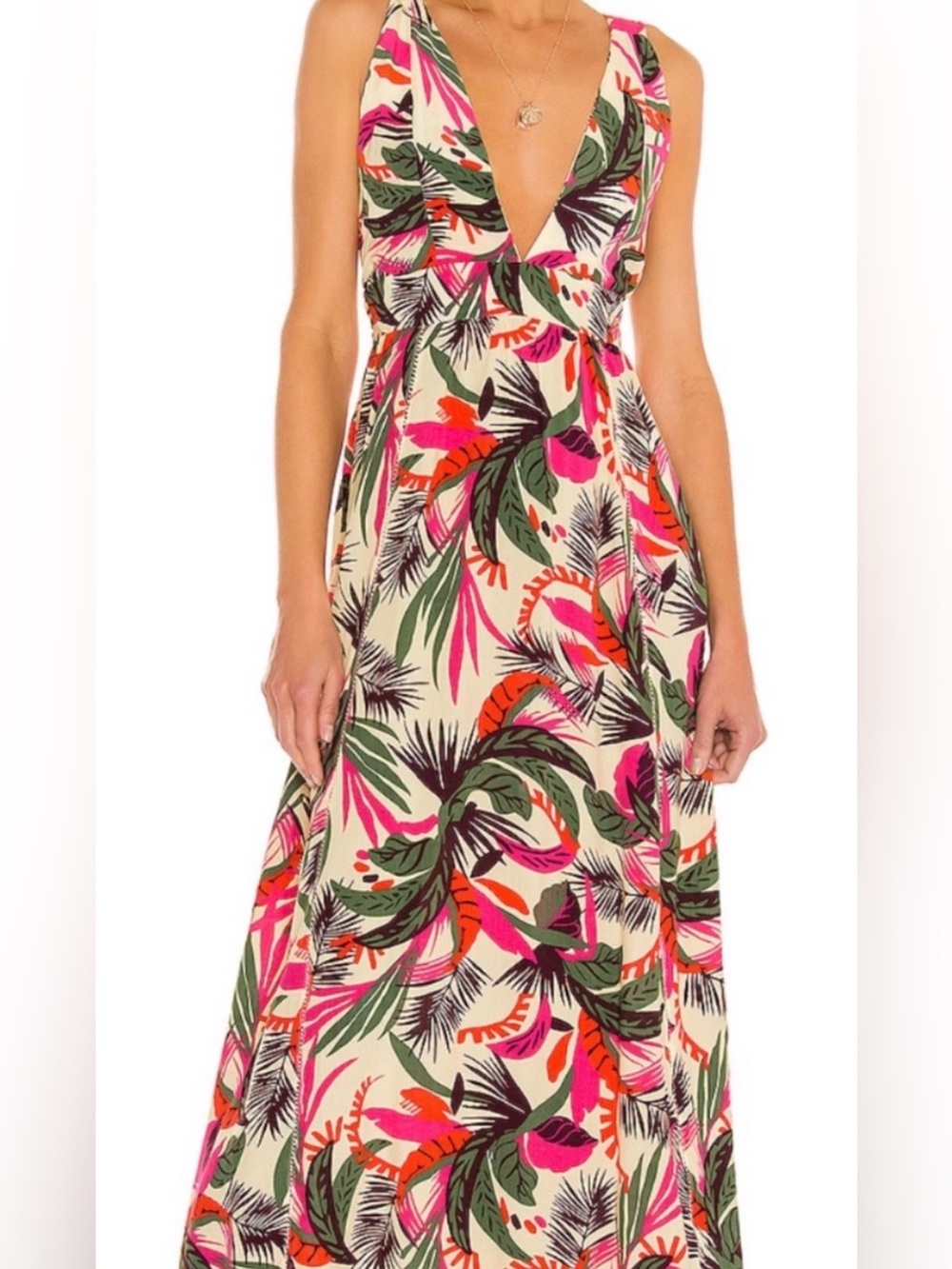 Maaji Cream Maxi Dress with Pink, Green & Orange Tropical Print